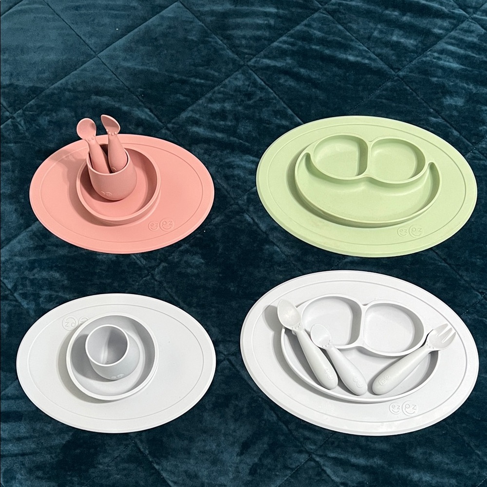 Silicone Baby Feeding Set in Pink, Green, and White by EZPZ
